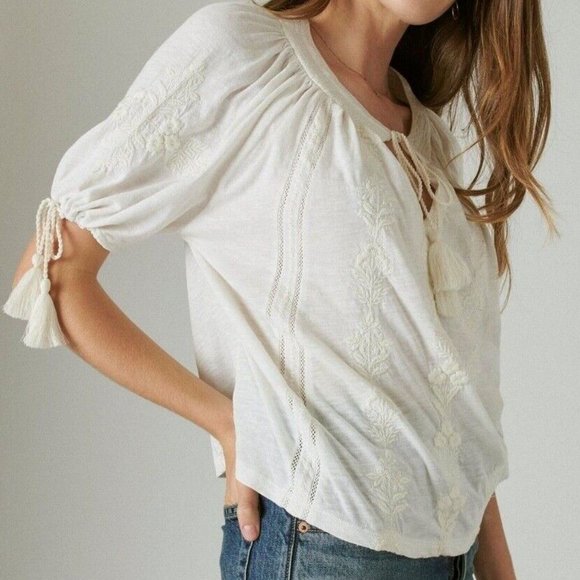 Lucky Brand White Embroidered Floral Tie Neck Top - Picture 1 of 9